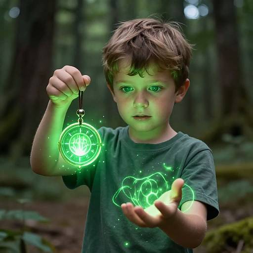 Photograph of a young boy with brown hair in a green T-shirt, holding a glowing green magical orb and levitating a green, ghostly creature