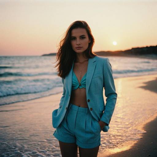 Woman in Blue Suit on Beach at Sunset