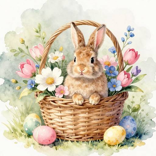 Watercolor illustration of a cute, fluffy brown rabbit in a wicker basket filled with colorful flowers and Easter eggs.