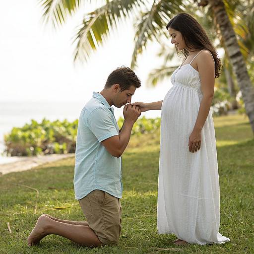 Photograph of a pregnant woman in a white dress standing, man in a light blue shirt and beige shorts kneeling, kissing her hand, tropical background with