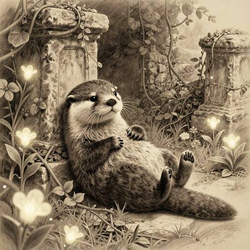 Playful Otter Historian in Magical Ruins