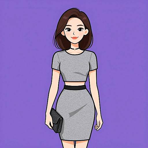 Digital drawing of a young woman with fair skin, brown hair, wearing a gray crop top and skirt, holding a black clutch, against a solid purple