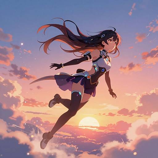 Anime-style digital illustration of a girl with long black hair, wearing a navy blue and white outfit, floating in a vibrant sunset sky with pink and orange