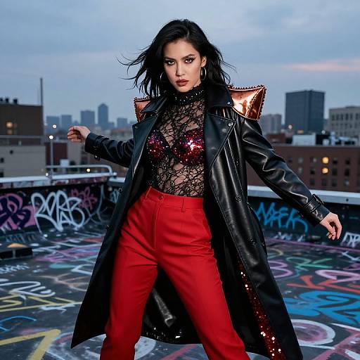 Photograph of a confident woman with dark hair, wearing a black lace top, red pants, and a black leather coat with gold shoulder pads, standing