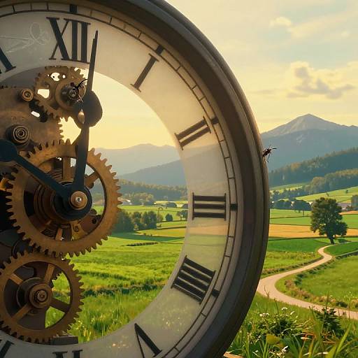 Photograph of a large, close-up clock face with black Roman numerals, intricate gears, and blue hands, set against a sunlit, green