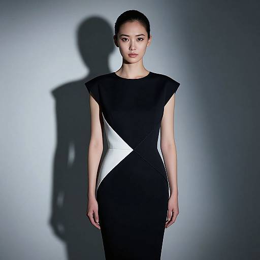 Photograph of an East Asian woman with dark hair in a sleek bun, wearing a black and white geometric dress, standing against a shadowy gray background