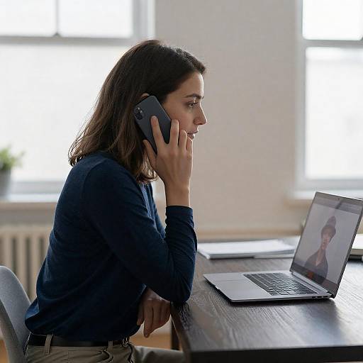 Woman Talking on Phone at Desk