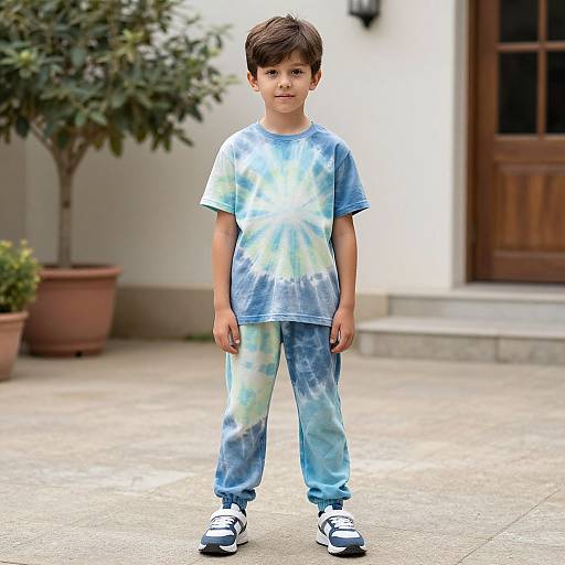 Photograph of a young boy with short brown hair, wearing a blue tie-dye t-shirt and matching pants, white and black sneakers, standing in
