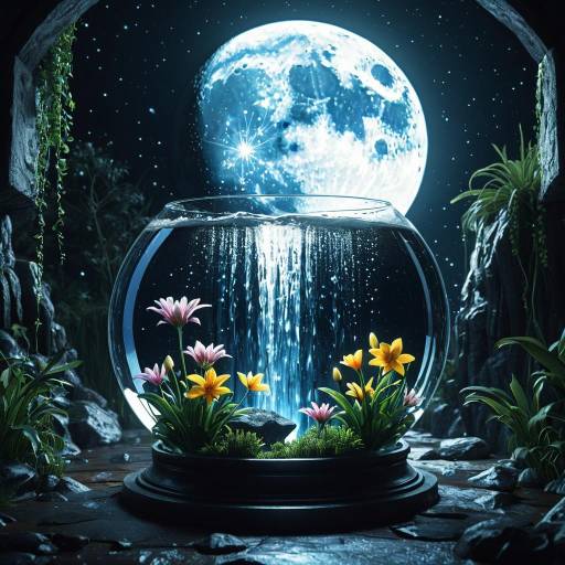 Mystical Waterfall in Fishbowl Under Full Moon