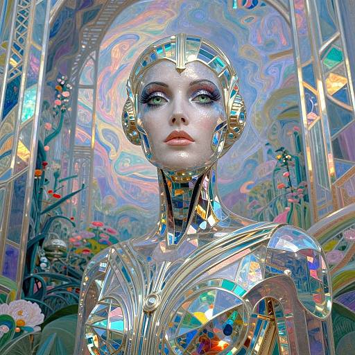 Photorealistic digital art: A metallic, mirror-like humanoid woman with glowing green eyes, reflecting colorful, abstract patterns, stands in a vibrant, stained