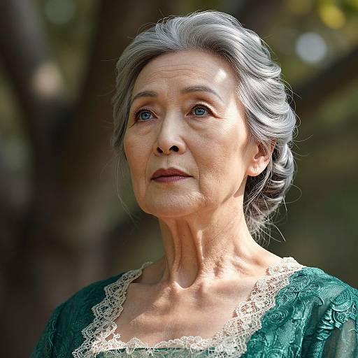 Photograph of an elderly woman with silver hair, blue eyes, and fair skin, wearing a green lace blouse, looking upward thoughtfully against a blurred