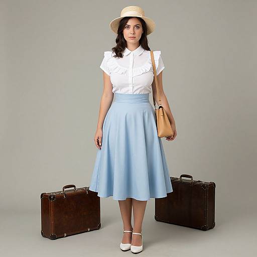 Photograph of a woman in white blouse, light blue knee-length skirt, straw hat, white shoes, tan handbag, standing between two brown brief