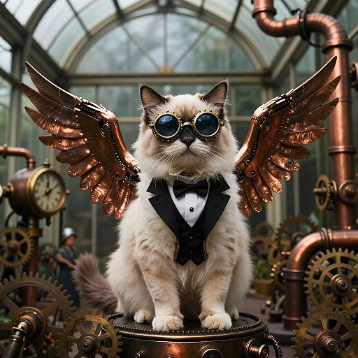 Steampunk-themed photograph of a fluffy white cat with copper wings, round sunglasses, and a black bow tie, sitting on brass gears in a glass