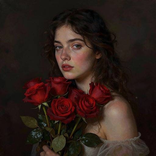 Digital painting of a young woman with wavy brown hair, holding red roses, against a dark background, with a romantic, ethereal style.