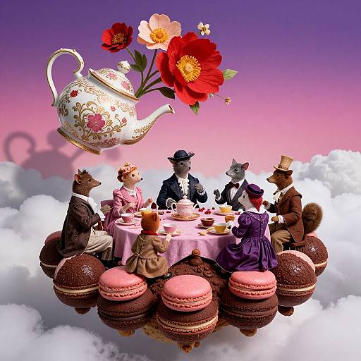 Whimsical digital art: Victorian-era anthropomorphic animals sit at a floating tea table with macarons, teapot, flowers, and pink-purple