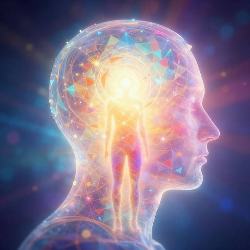 Digital artwork of a transparent human head silhouette with glowing, colorful geometric patterns and bright light center, set against a dark blue background.