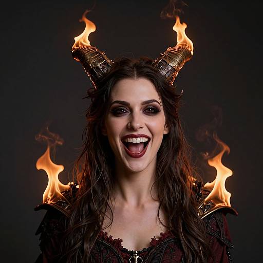 Photograph of a smiling woman with dark makeup, long wavy hair, and fiery horns against a black background, wearing dark, ornate armor.