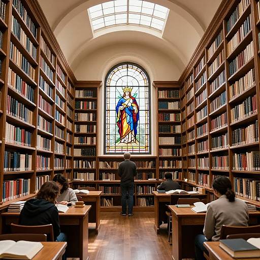 Photograph of a dimly lit, arched library with wooden shelves, colorful stained glass window, and four people studying at wooden desks.