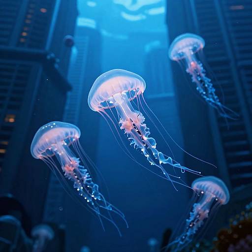 Photograph of glowing, translucent blue jellyfish with delicate, flowing tentacles, floating in an underwater aquarium with tall, darkened glass walls.