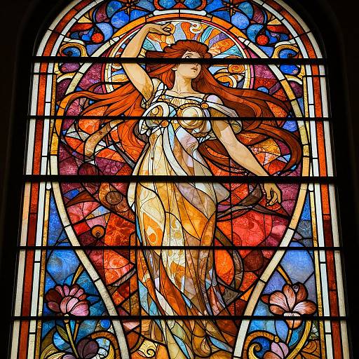 Vibrant stained glass window depicting a flowing red-haired woman in a white dress, surrounded by colorful flowers and ornate patterns.