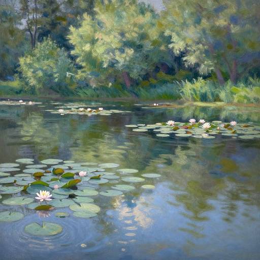 Impressionistic painting of a serene pond with lily pads, white water lilies, and reflections of lush green trees in the background.