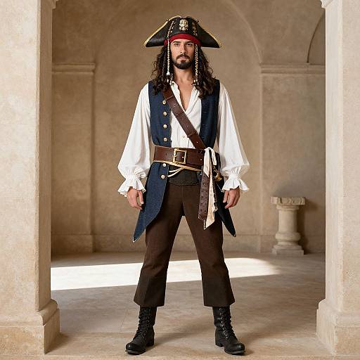Photograph of a bearded man with long hair, wearing a pirate hat, white shirt, navy vest, brown pants, and boots, standing in