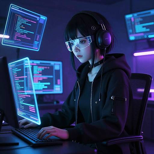 Digital art of a focused young woman with black hair, glasses, and headphones, typing on a glowing blue-lit laptop in a dark, cyber-themed