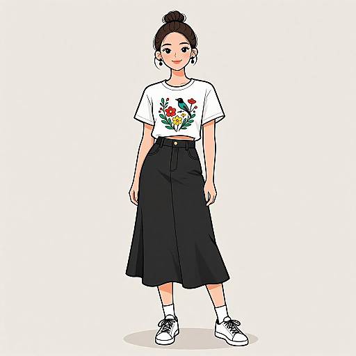 Young woman in casual floral graphic tee and black midi skirt