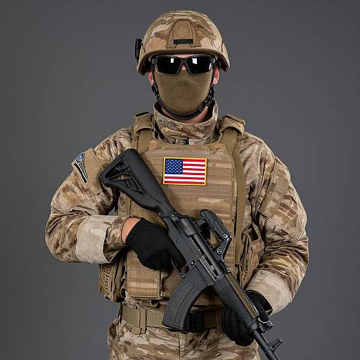 Photograph of a male soldier in full camouflage uniform, black gloves, helmet, and sunglasses, holding an assault rifle with an American flag patch on his