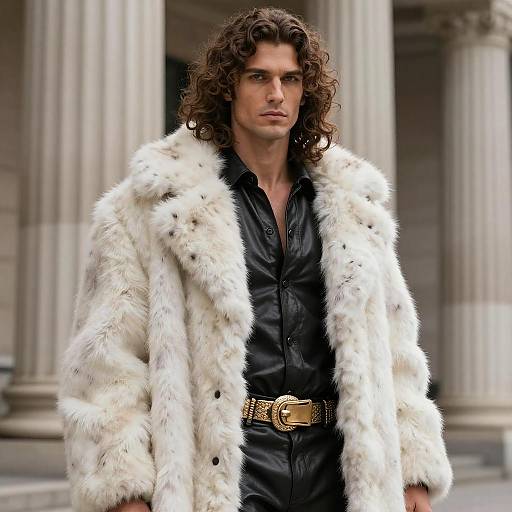 Photograph of a tall, curly-haired man in a white fur coat over a black shirt, belted with a gold buckle, standing before classical columns