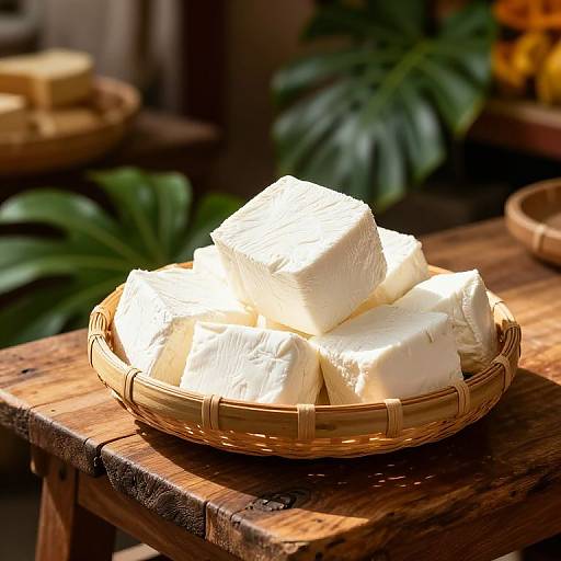 Photograph of a woven basket filled with bright white, textured cream cheese blocks, placed on a wooden table, with blurred green leaves and yellow flowers in