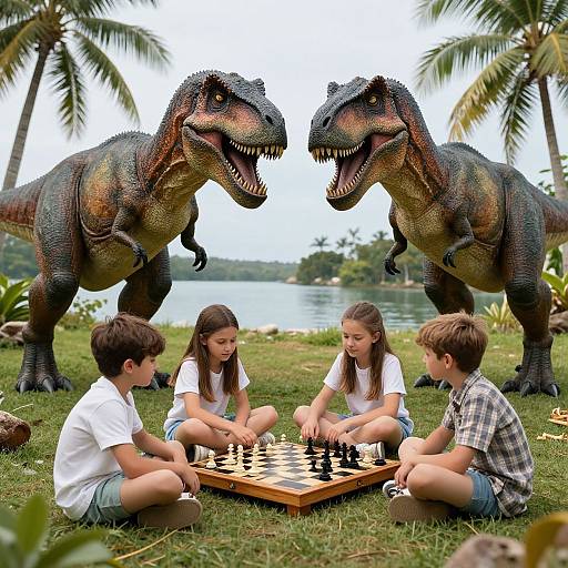 Photograph of four children playing chess outdoors, surrounded by two large, realistic dinosaur models, with palm trees and a lake in the background.