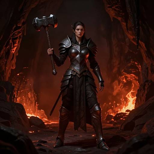 Digital artwork of a fierce female warrior in dark, ornate armor, holding a large, silver-headed war hammer, standing in a fiery cave.