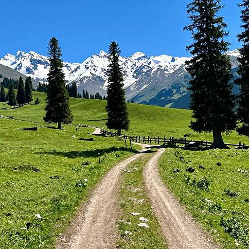 Scenic Meadow Path to Snowy Mountains