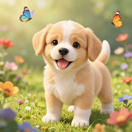 Playful Puppy in Flower Garden
