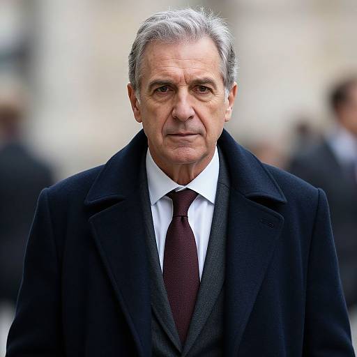 Photograph of an older man with gray hair, wearing a black overcoat, white shirt, and maroon tie, standing outdoors against a blurred,