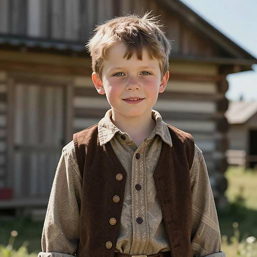 Young Boy in Vintage Clothes Outdoors