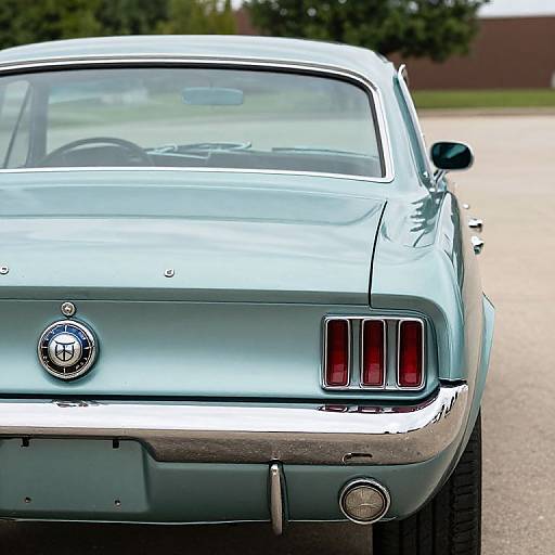 Photograph of a mint-green 1970s muscle car from the rear, showing chrome tail lights, taillight emblem, and rear bumper.