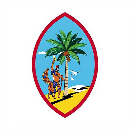 Colorful illustration of a tropical scene with two indigenous people, one holding a spear and the other a fan, under a palm tree on a sandy beach