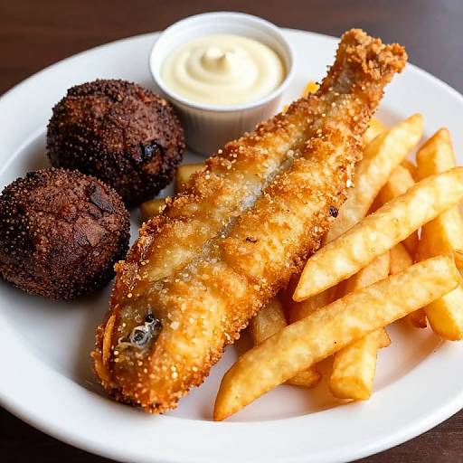 Photograph of golden-brown, crispy fish sticks, crumb-coated dark fried cod nuggets, and a small white cup of creamy dipping sauce
