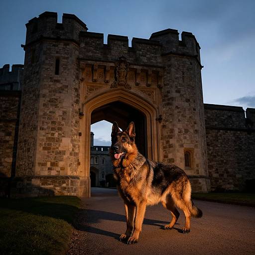 Photograph of a German Shepherd standing in front of a medieval stone archway, bathed in dramatic twilight light, with a blue sky in the background