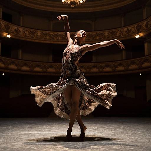 Photograph of a ballerina in a flowing, patterned dress, mid-dance pose, arms gracefully extended, spotlight illuminating her, orn