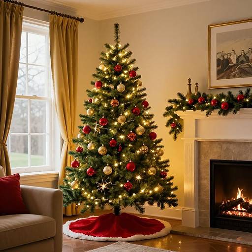 Photograph of a brightly lit, decorated Christmas tree with red and gold ornaments, lights, and a red tree skirt, in a cozy living room with