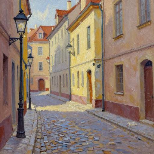 Impressionist-style painting of a sunlit, cobblestone street in a European town, with yellow and beige buildings, black street lamps, and