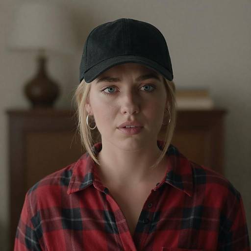 Blonde Woman in Plaid and Black Cap