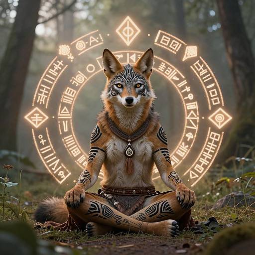 Photorealistic digital art of a mystical anthropomorphic fox with tribal markings, sitting cross-legged in a forest, surrounded by glowing, circular runes.