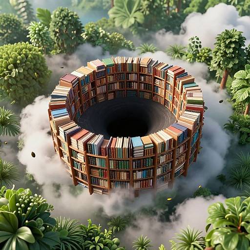 CGI image of a circular tower made of colorful books surrounded by lush greenery and mist, floating above the ground.
