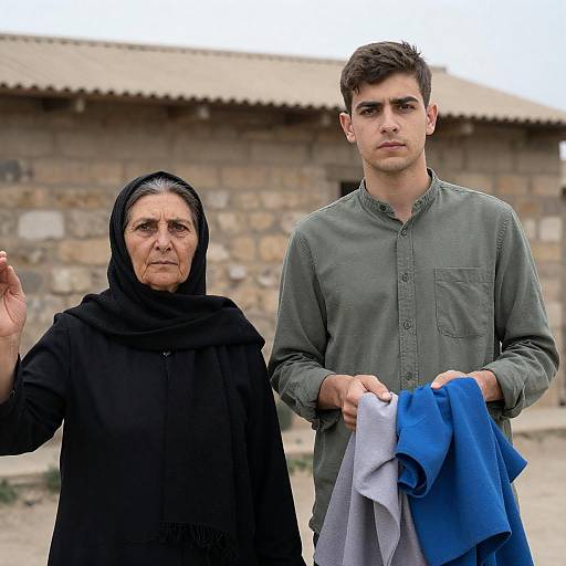 Older Woman and Young Man Outside Stone Building