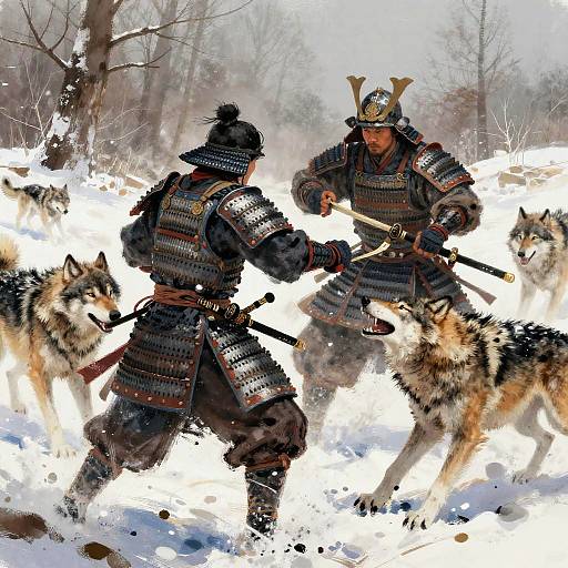 Digital art: Two samurai in armor, swords drawn, fighting fierce wolves in snowy forest. Snow splashes around, intense expressions, detailed armor.
