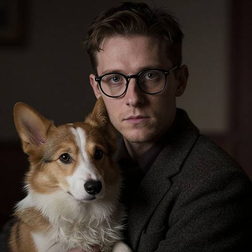 Photograph of a serious, bespectacled man with short brown hair, wearing a dark coat, holding a brown and white Border Collie against